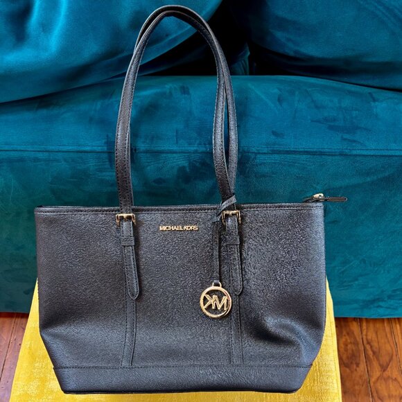 MICHAEL KORS Jet Set Travel Small Saffiano Top Zip Tote - Black & Gold - NWOT - Picture 2 of 6